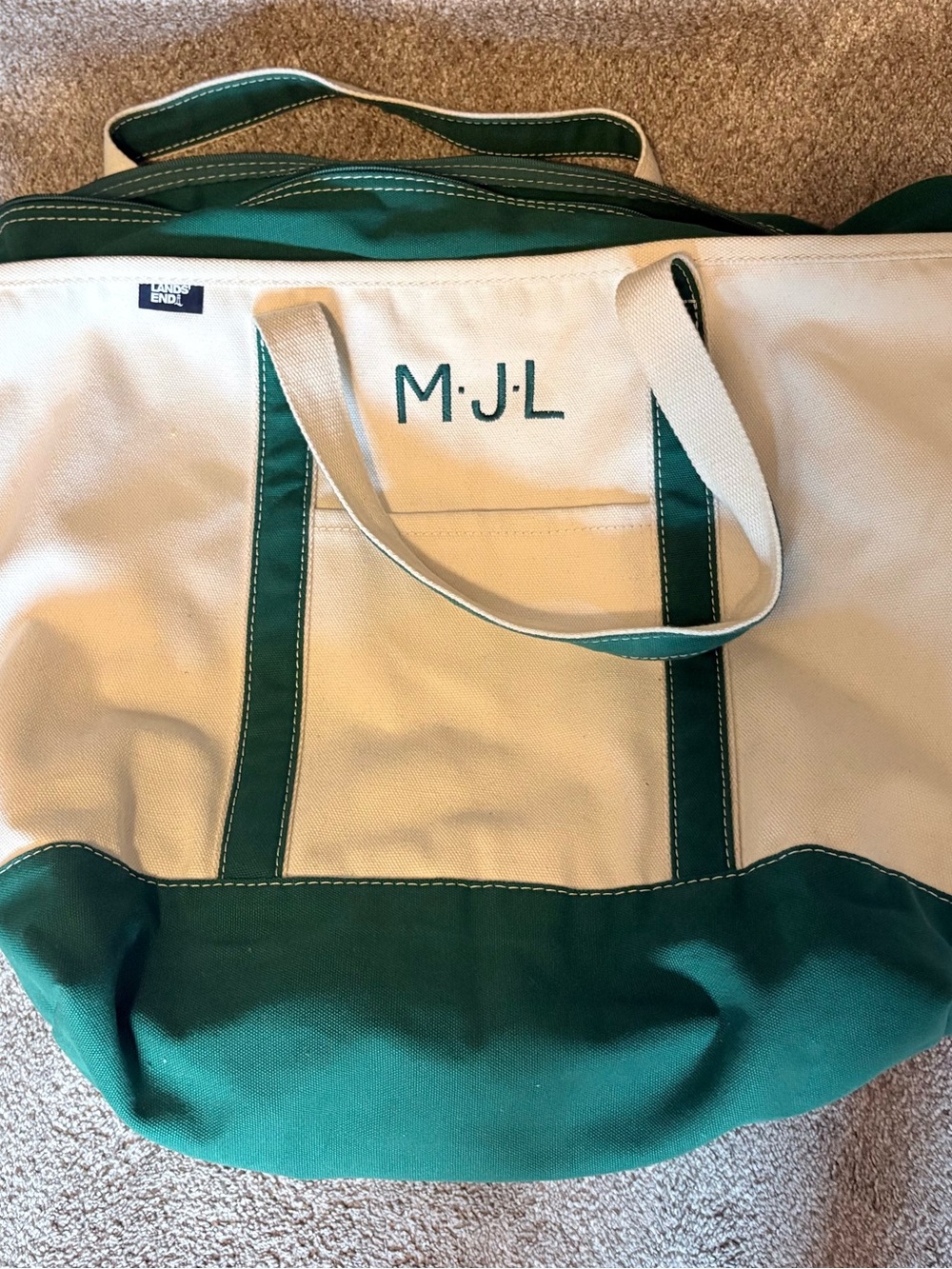 Lands' End Large Canvas Tote Bag - Green & Cream